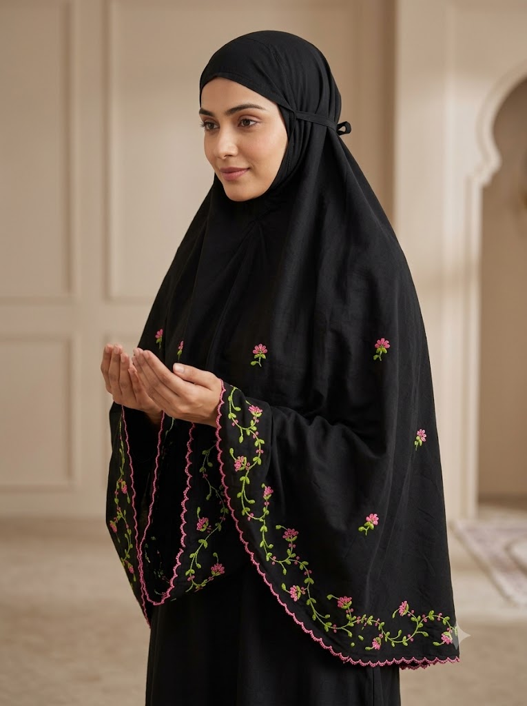 Chikonwala Hand Embroidered Cotton Islamic Namaz Hijab with Floral Embroidery