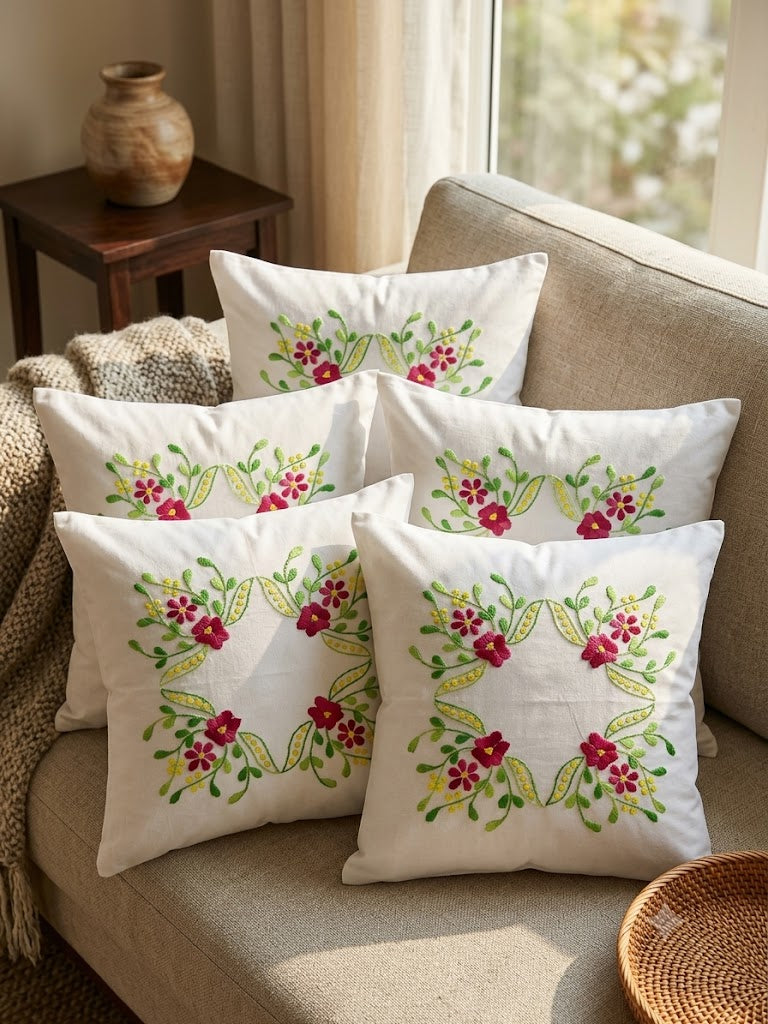 Hand Embroidered Cotton Cushion Covers (Set of 5)