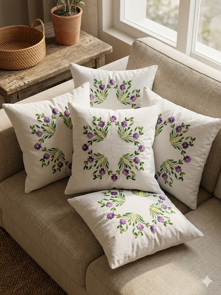 Hand Embroidered Cotton Cushion Covers (Set of 5)