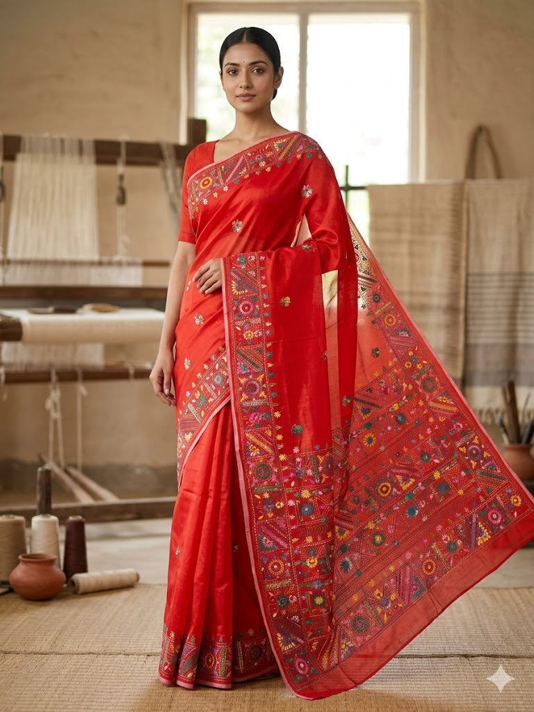Premium Handcrafted Bullion Stitch Work Chanderi Saree with Blouse Piece