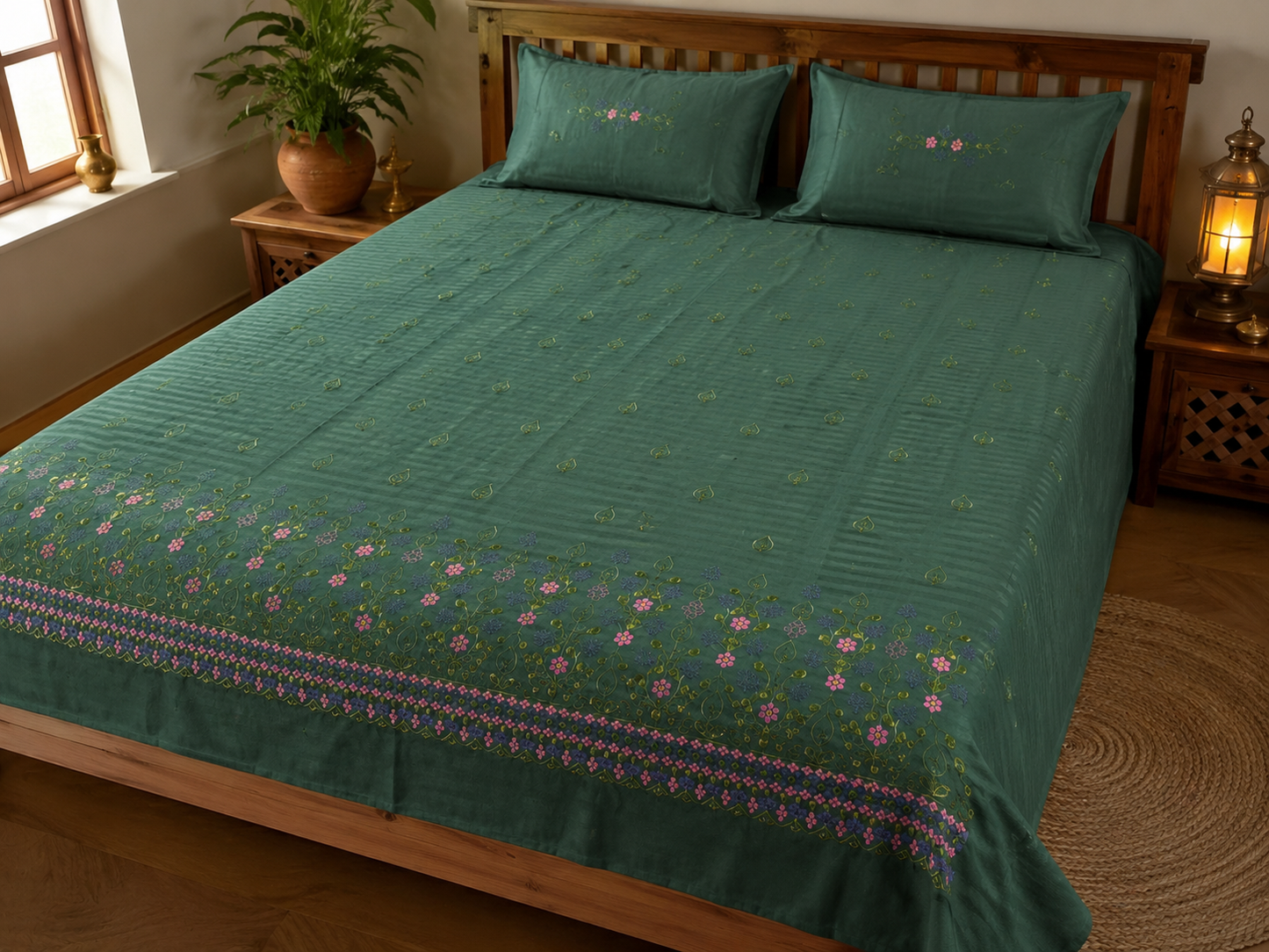 Premium Designer Embroidered Satin Cotton Bedsheet Set