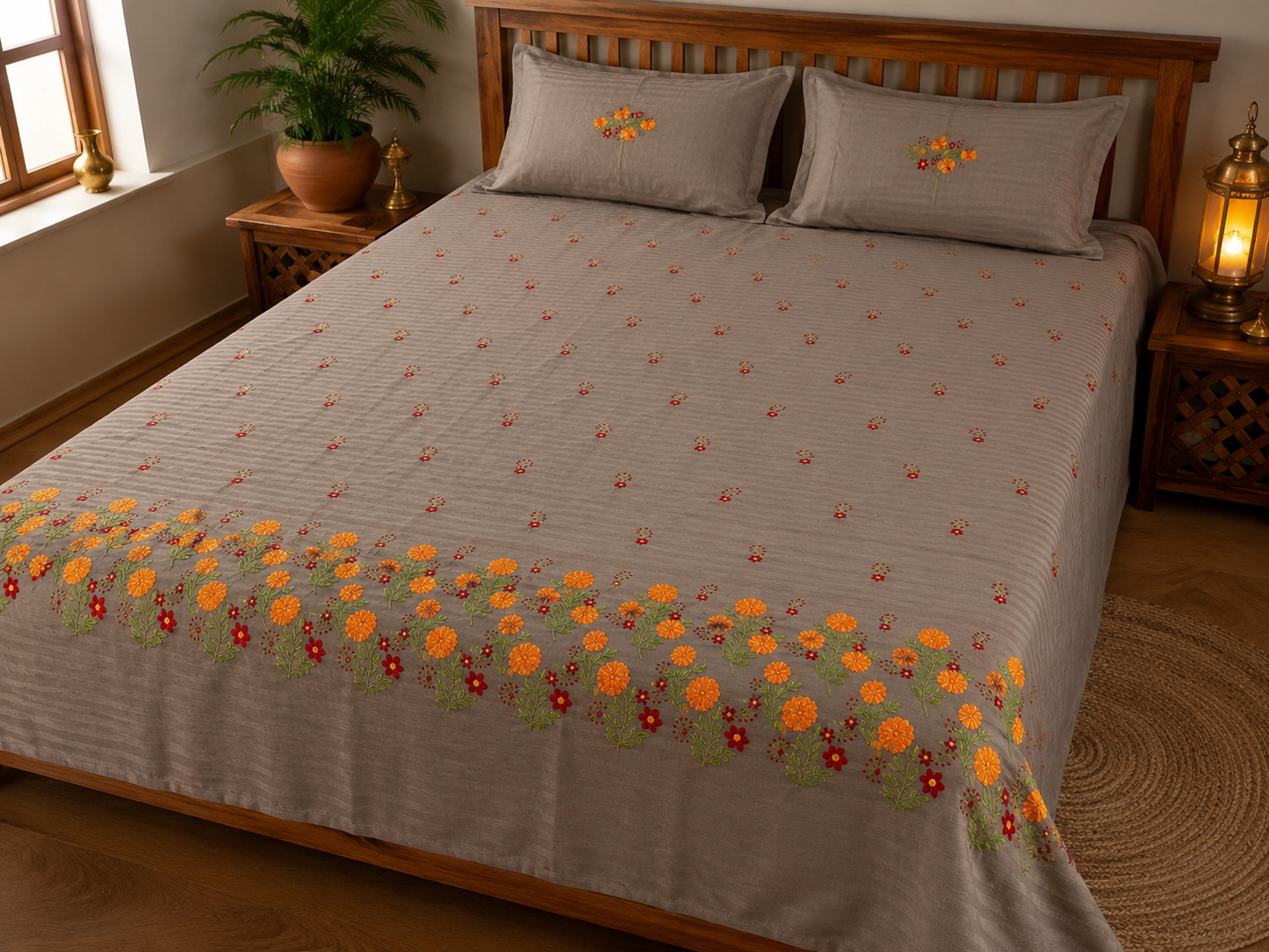 Premium Designer Embroidered Satin Cotton Bedsheet Set