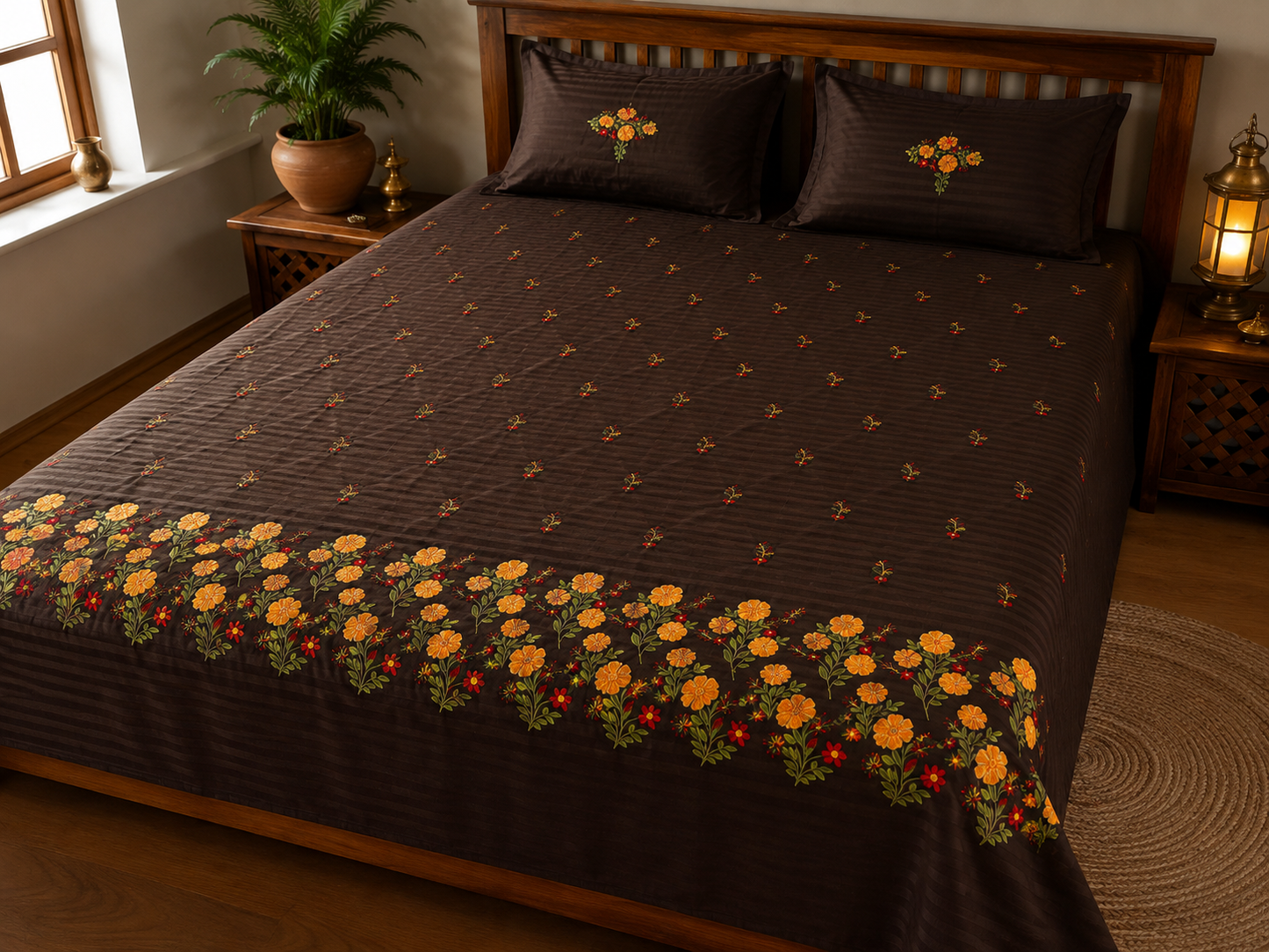 Premium Designer Embroidered Satin Cotton Bedsheet Set