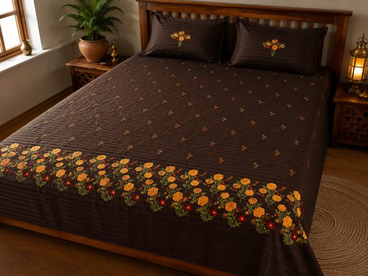 Premium Designer Embroidered Satin Cotton Bedsheet Set