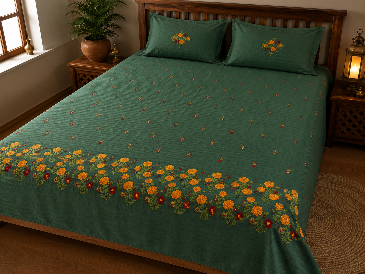Premium Designer Embroidered Satin Cotton Bedsheet Set