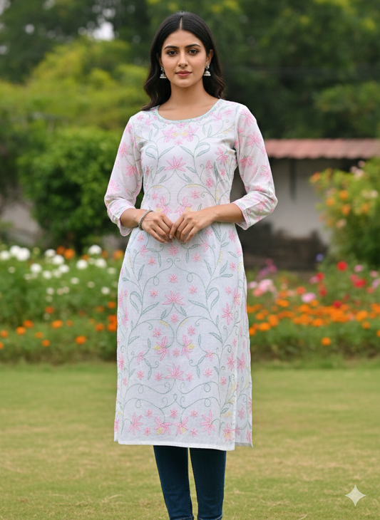 Hand Embroidered Pure Cotton Kurti Material – Pure White | 3 Meter Premium Fabric | Made in India