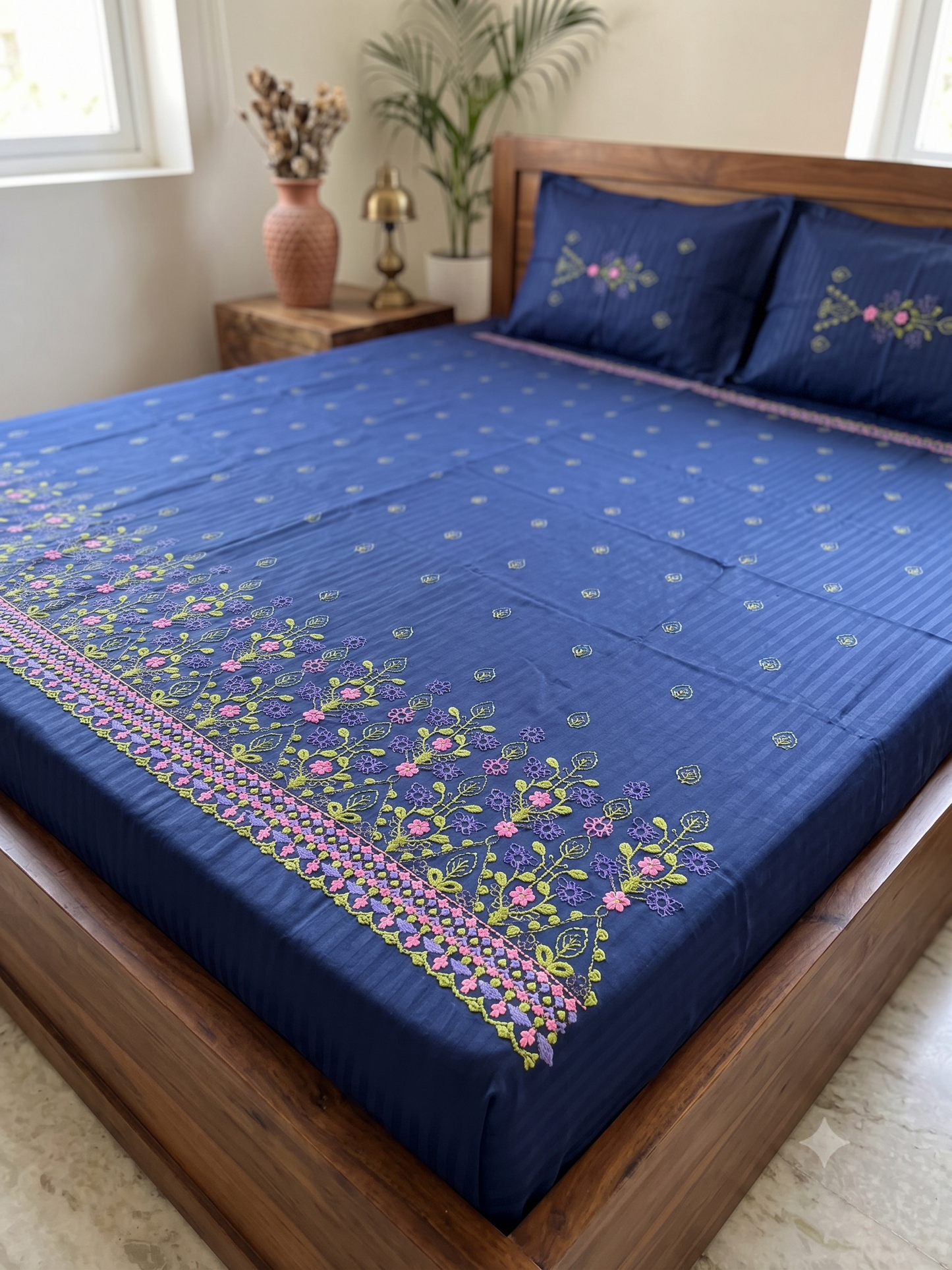 Premium Designer Embroidered Satin Cotton Bedsheet Set