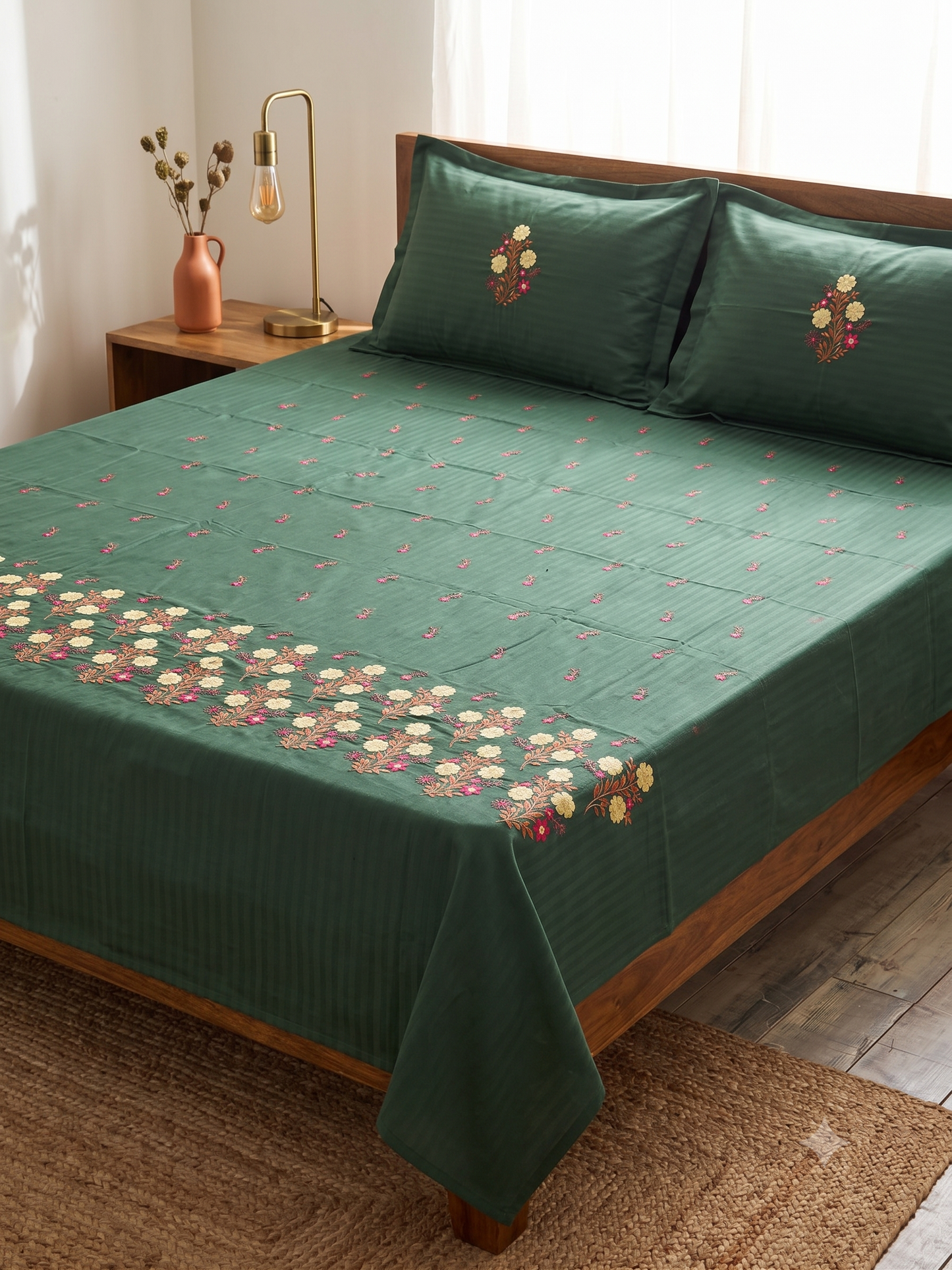 Premium Designer Embroidered Satin Cotton Bedsheet Set
