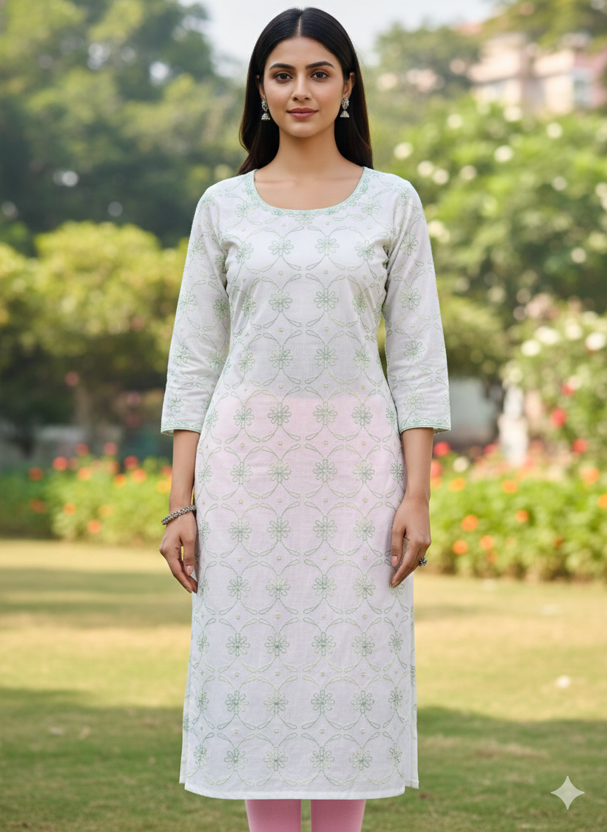 Hand Embroidered Pure Cotton Kurti Material – Pure White | 3 Meter Premium Fabric | Made in India