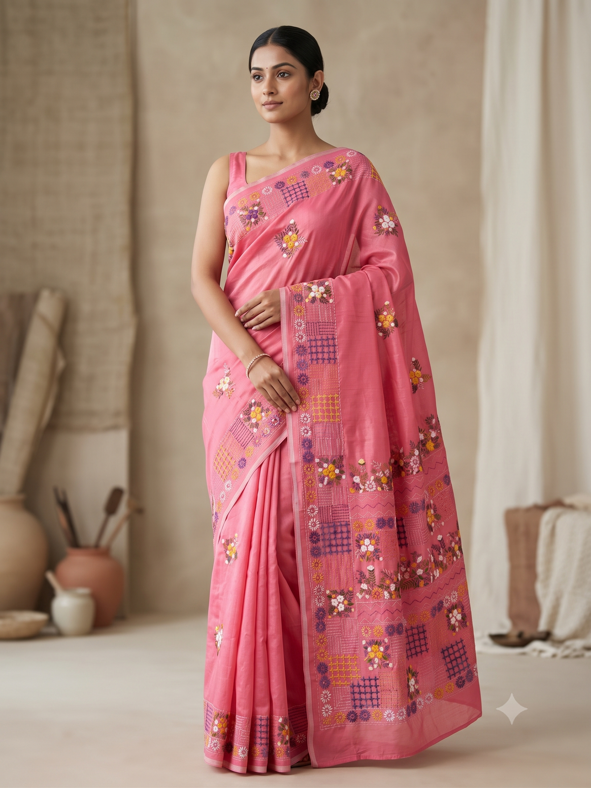 Premium Handcrafted Bullion Stitch Work Chanderi Saree with Blouse Piece