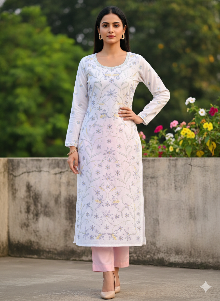 Hand Embroidered Pure Cotton Kurti Material – Pure White | 3 Meter Premium Fabric | Made in India