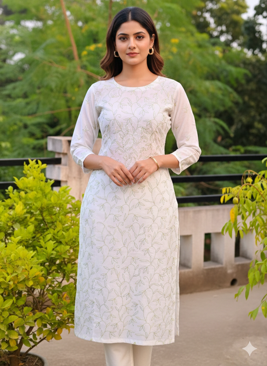 Hand Embroidered Pure Cotton Kurti Material – Pure White | 3 Meter Premium Fabric | Made in India