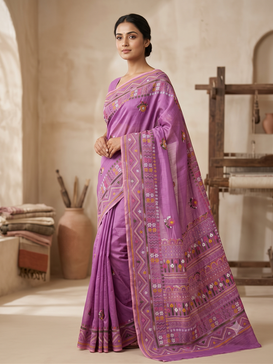 Premium Handcrafted Bullion Stitch Work Chanderi Saree with Blouse Piece
