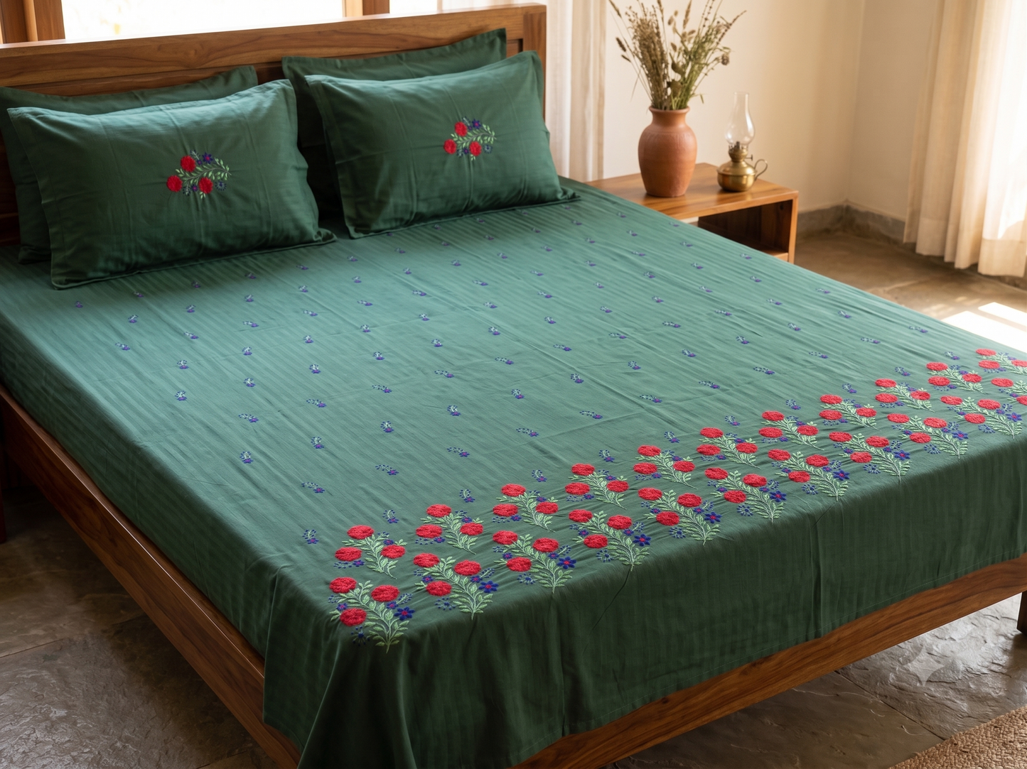 Premium Designer Embroidered Satin Cotton Bedsheet Set