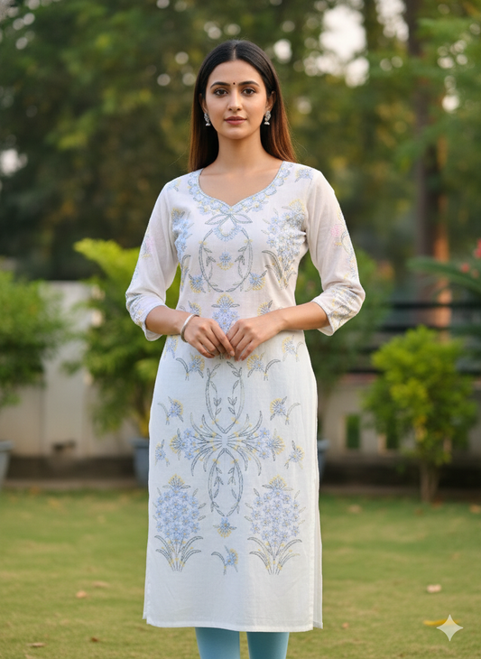 Hand Embroidered Pure Cotton Kurti Material – Pure White | 3 Meter Premium Fabric | Made in India
