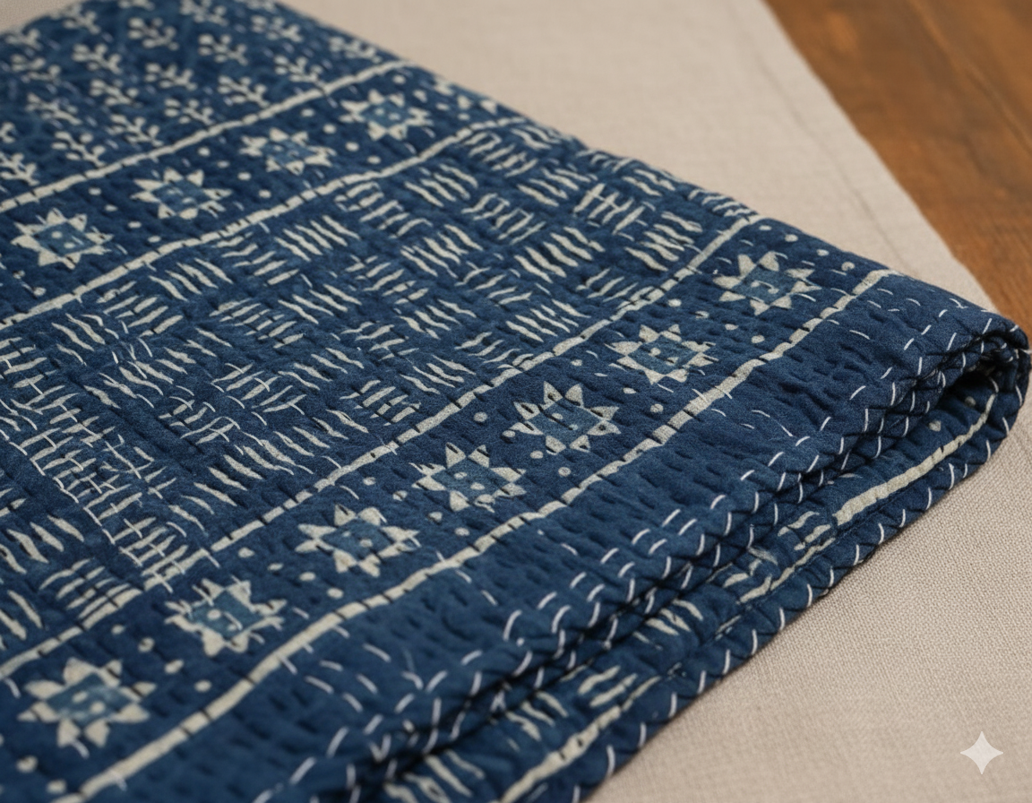 Chikonwala's Handcrafted Indigo Block Print Kantha Quilt - Reversible 100% Cotton Bedspread