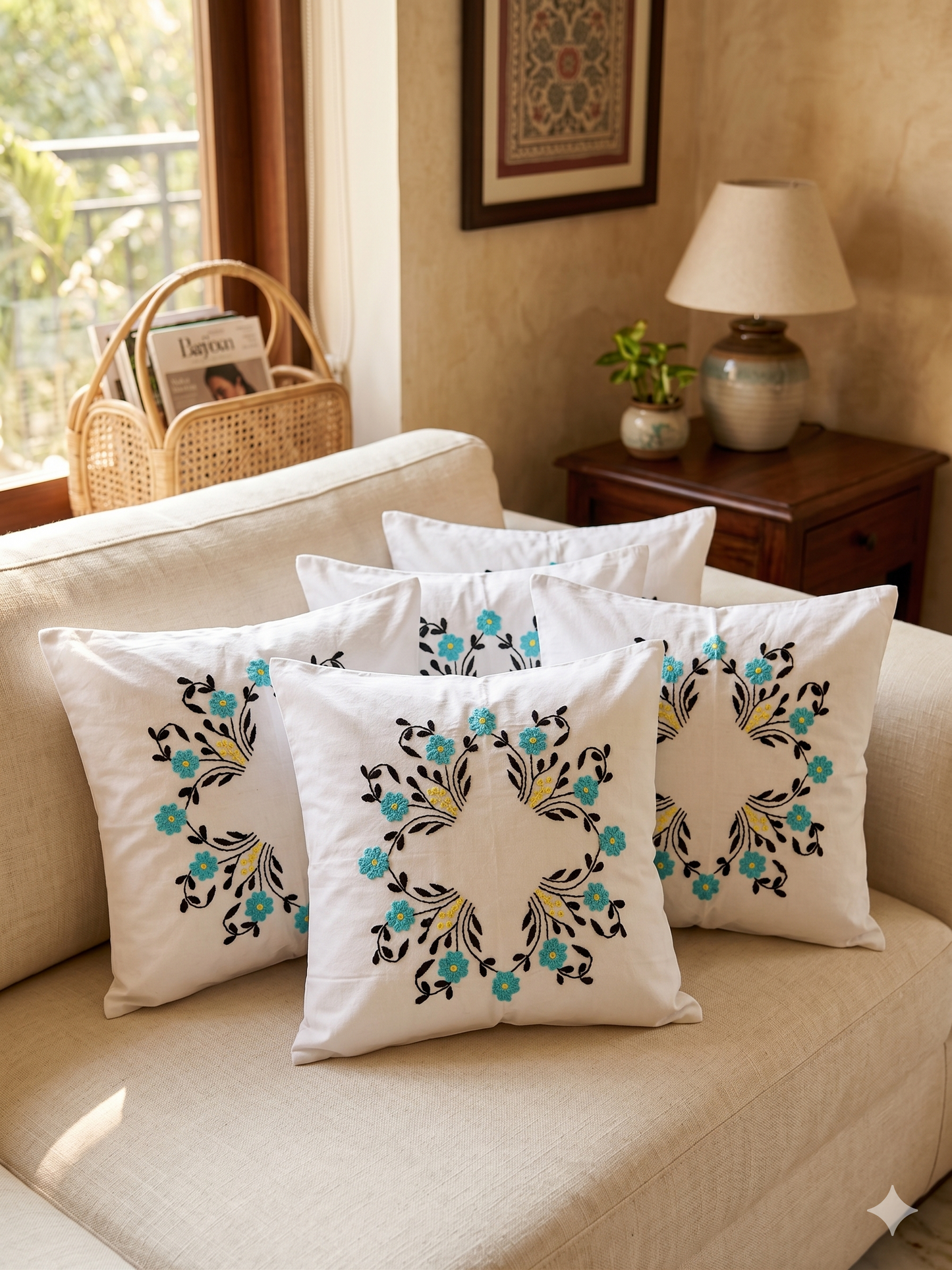 Hand Embroidered Cotton Cushion Covers (Set of 5)