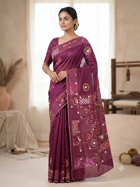 Premium Handcrafted Bullion Stitch Work Chanderi Saree with Blouse Piece