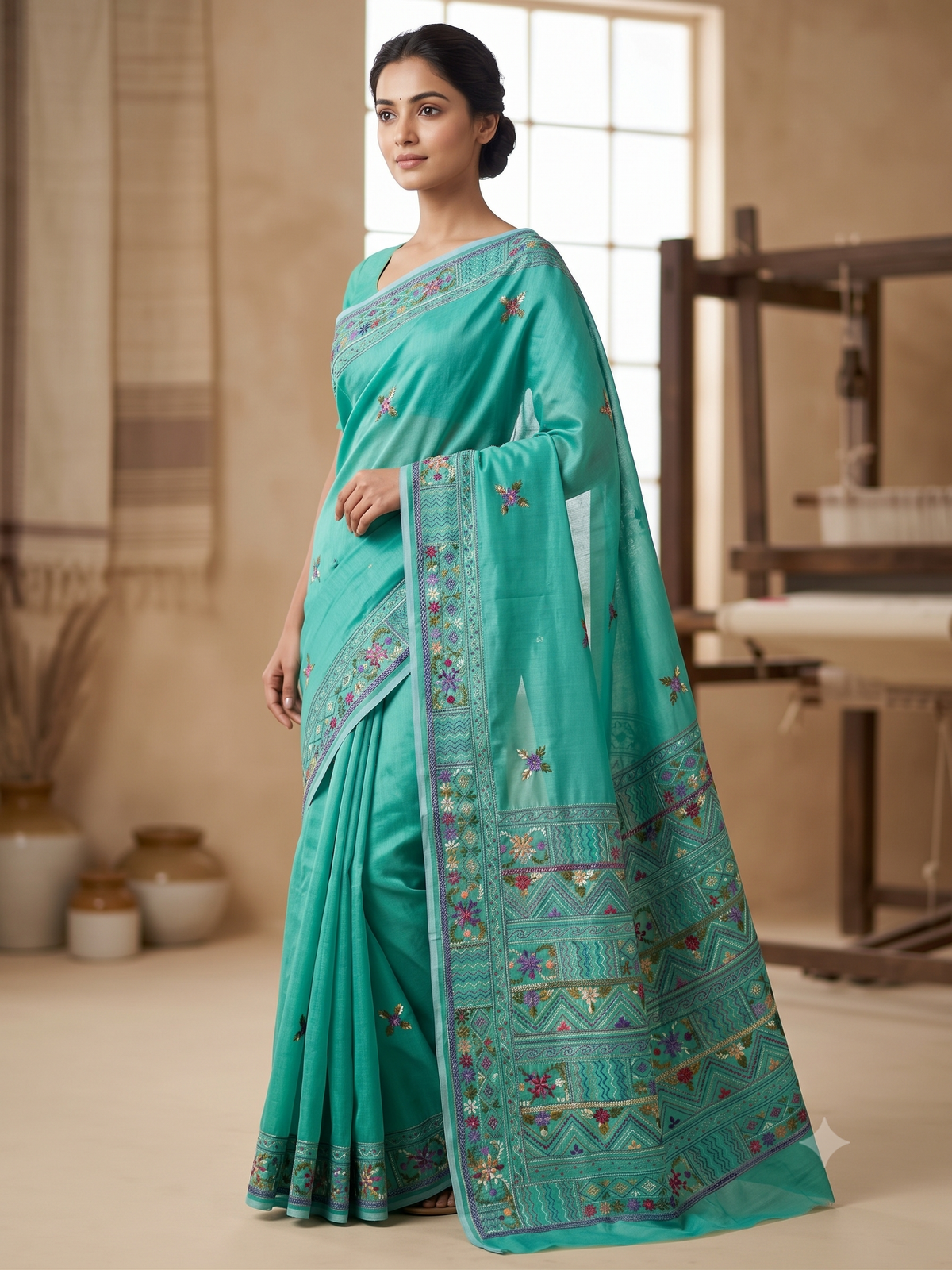Premium Handcrafted Bullion Stitch Work Chanderi Saree with Blouse Piece
