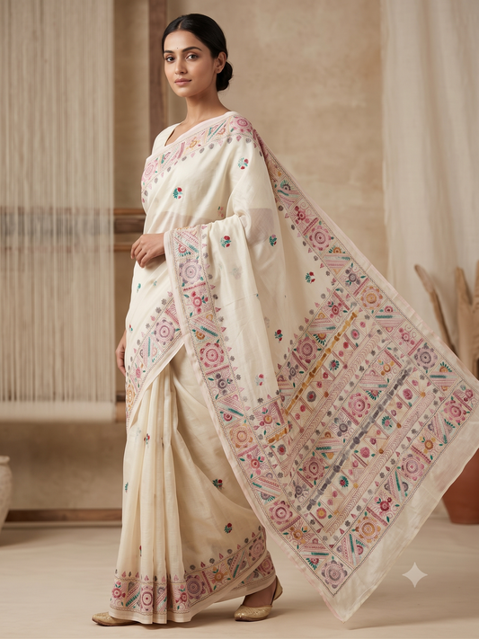 Premium Handcrafted Bullion Stitch Work Chanderi Saree with Blouse Piece