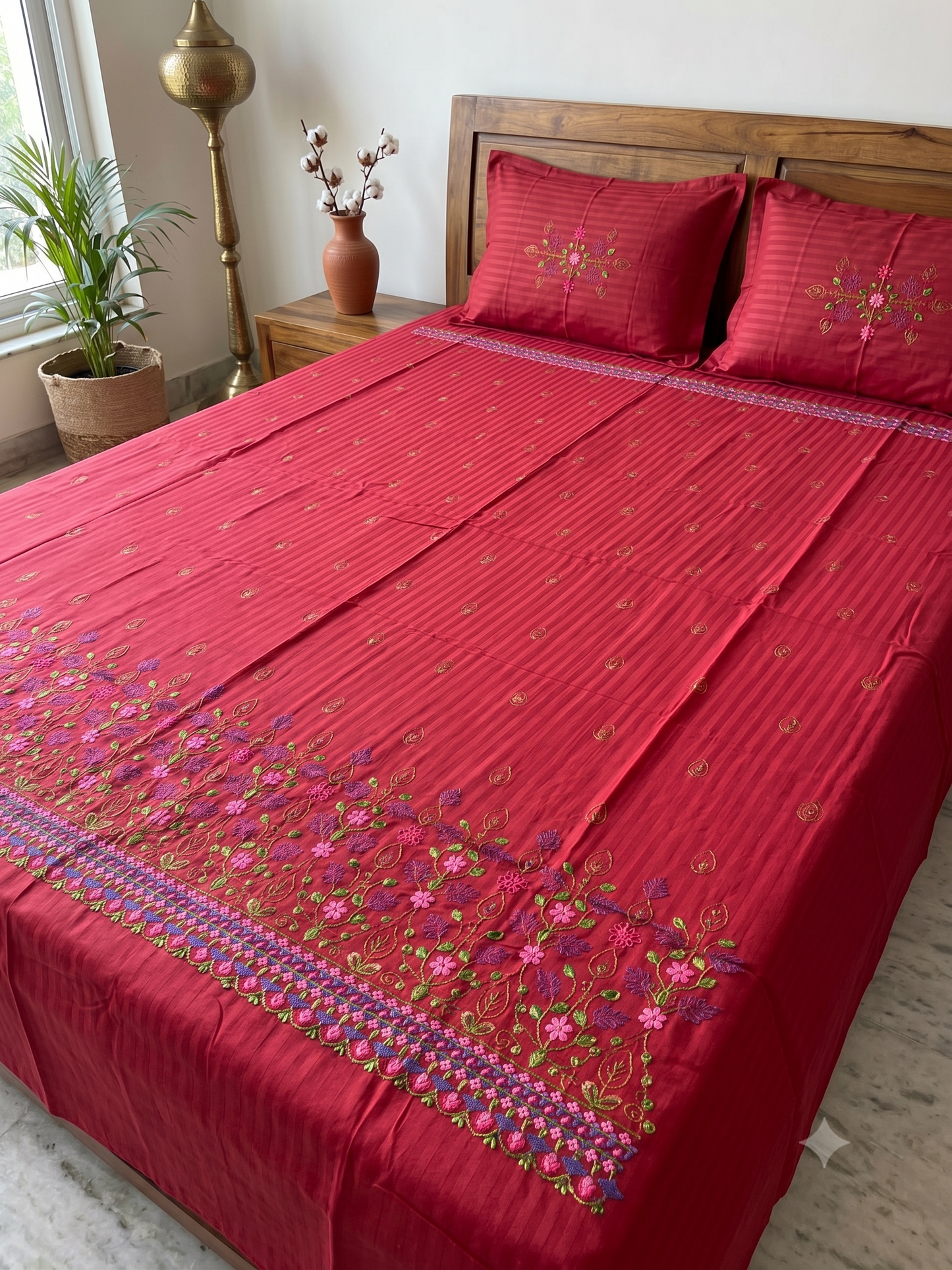 Premium Designer Embroidered Satin Cotton Bedsheet Set