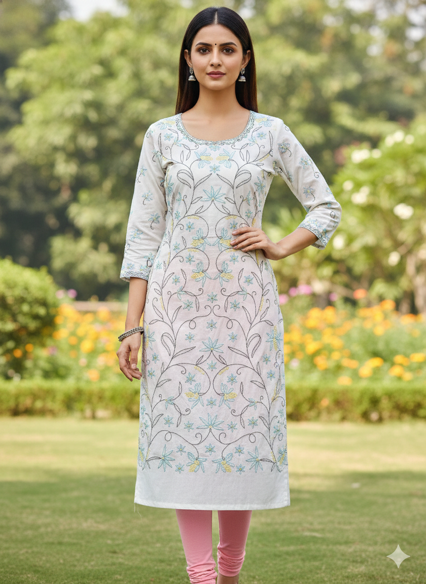 Hand Embroidered Pure Cotton Kurti Material – Pure White | 3 Meter Premium Fabric | Made in India