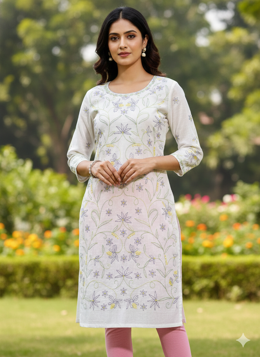 Hand Embroidered Pure Cotton Kurti Material – Pure White | 3 Meter Premium Fabric | Made in India
