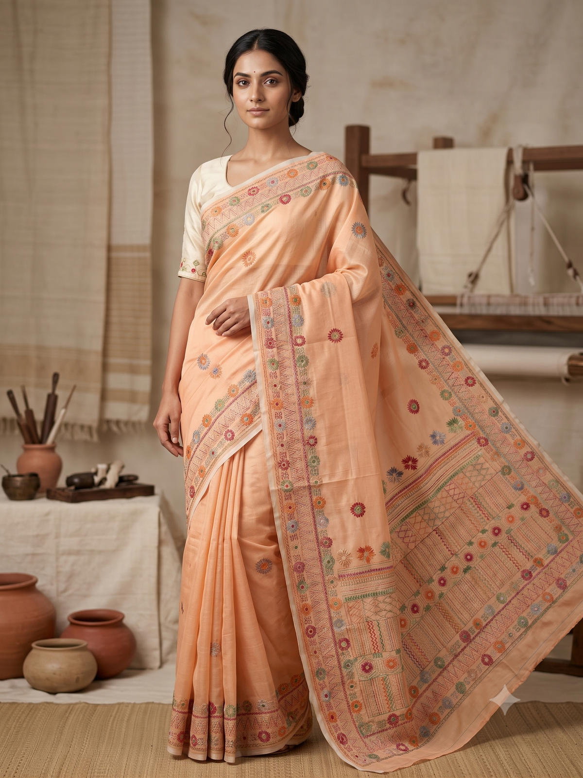Premium Handcrafted Bullion Stitch Work Chanderi Saree with Blouse Piece