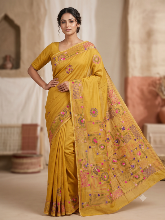 Premium Handcrafted Bullion Stitch Work Chanderi Saree with Blouse Piece