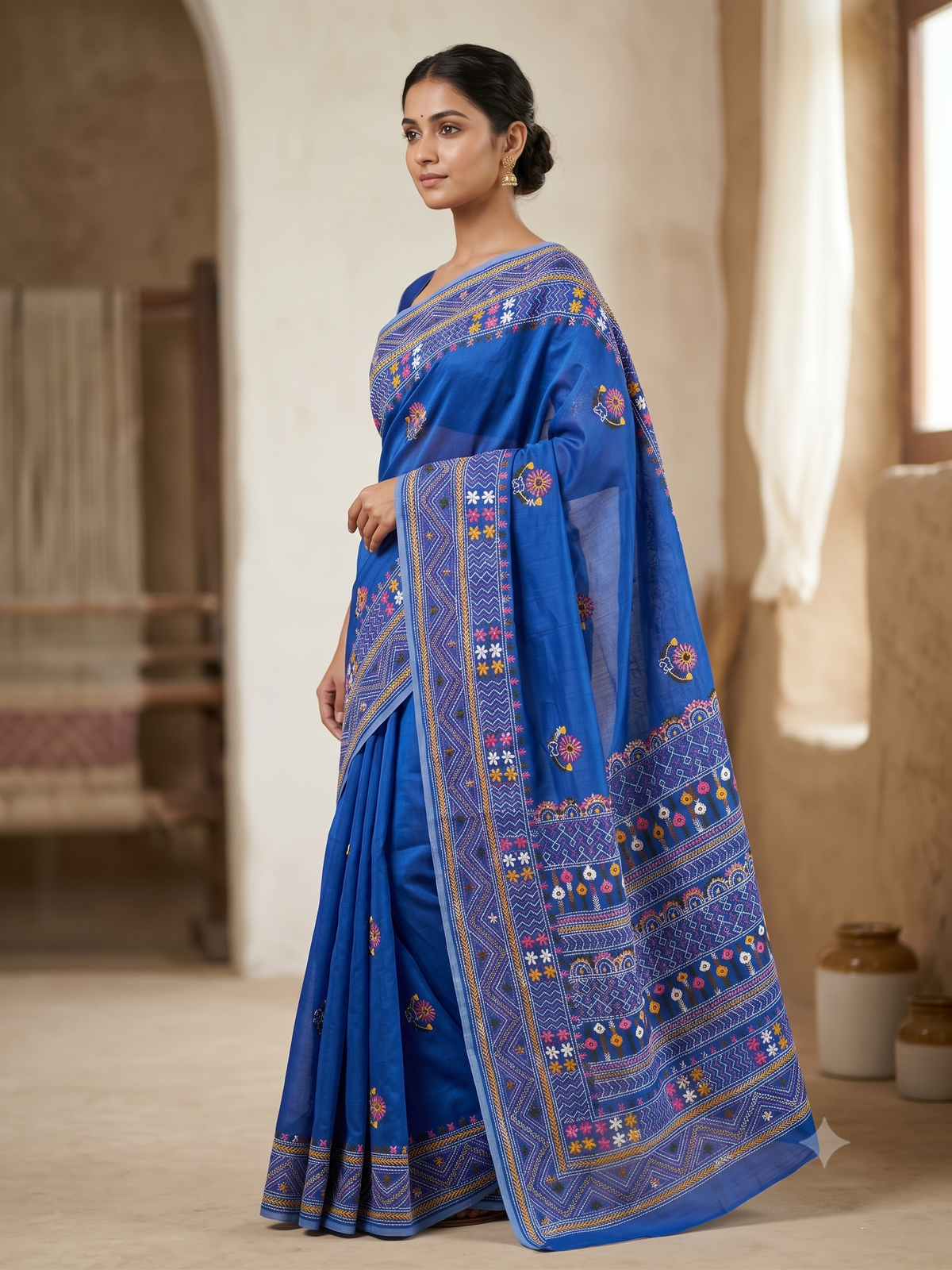 Premium Handcrafted Bullion Stitch Work Chanderi Saree with Blouse Piece