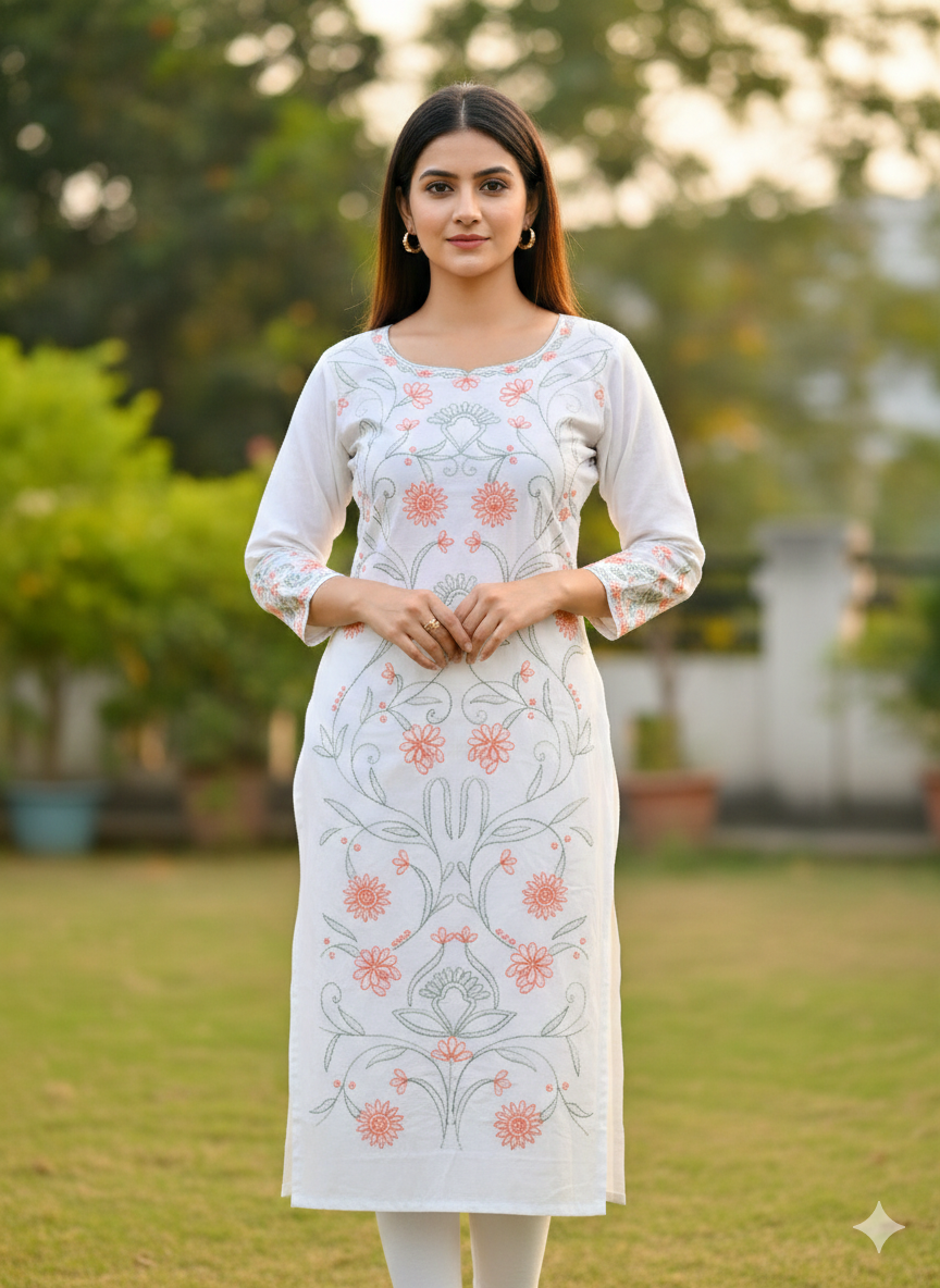Hand Embroidered Pure Cotton Kurti Material – Pure White | 3 Meter Premium Fabric | Made in India