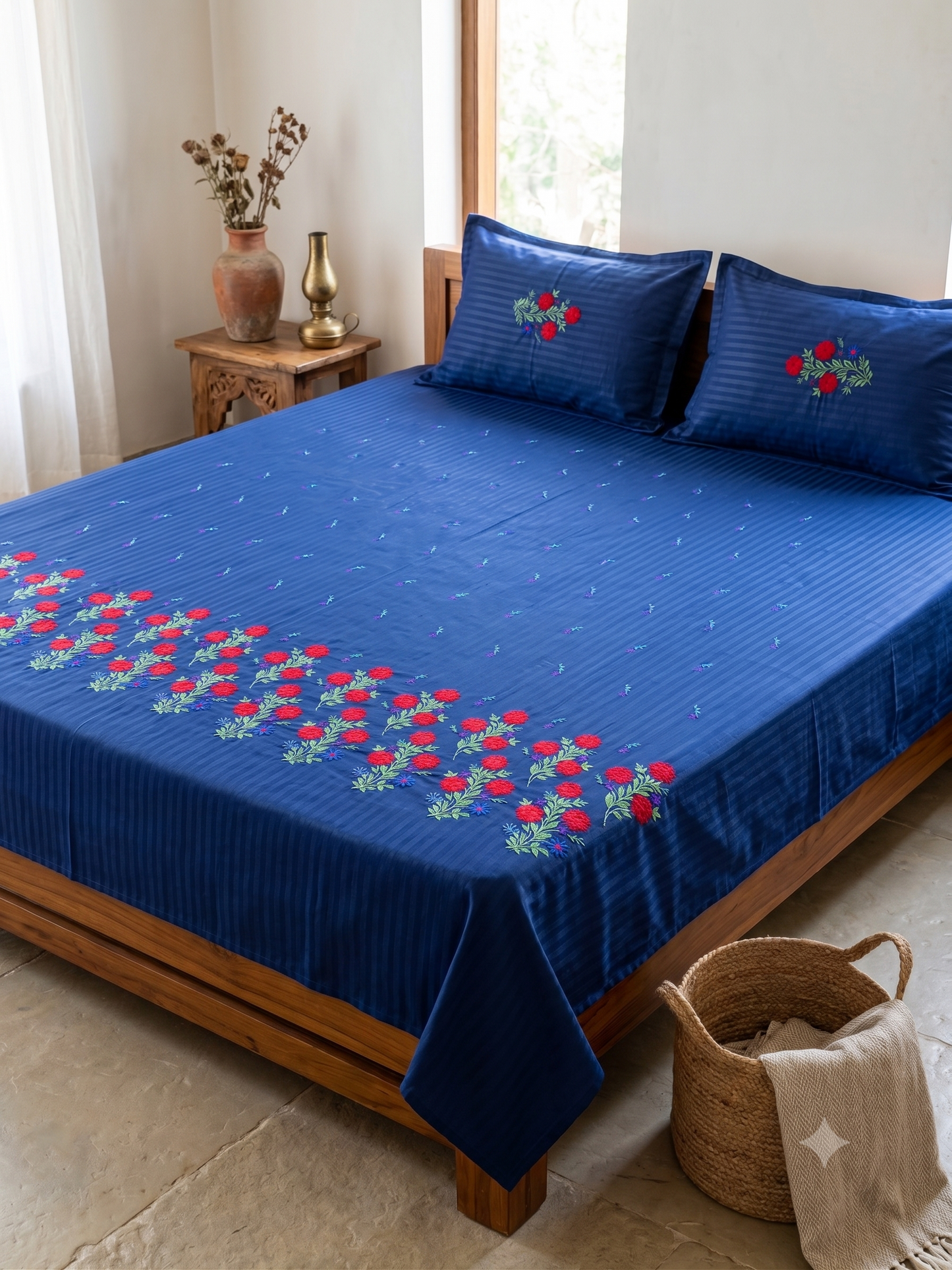 Premium Designer Embroidered Satin Cotton Bedsheet Set