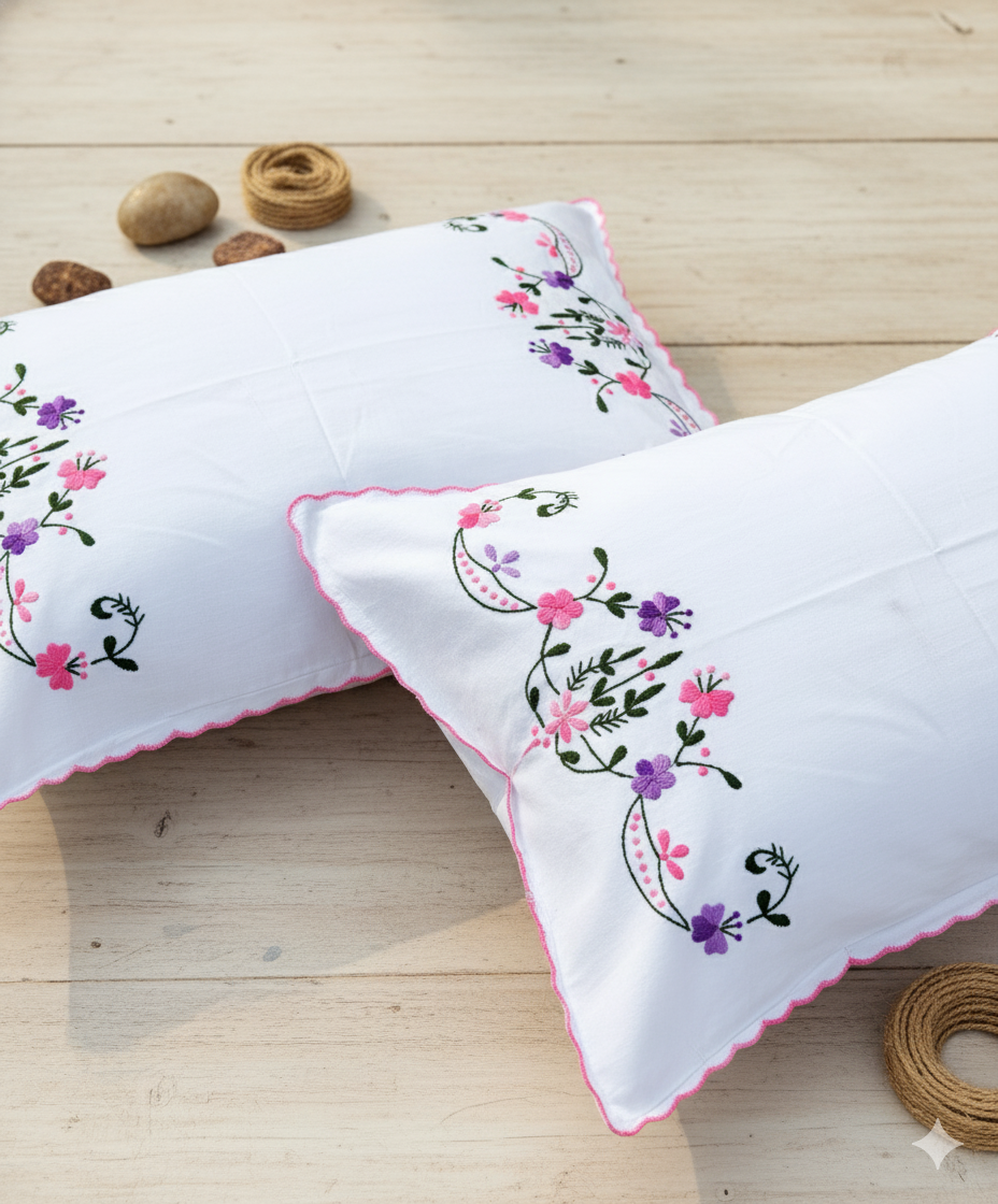 Chikonwala Hand-Embroidered Floral Pillow Cover Set– Set of 2