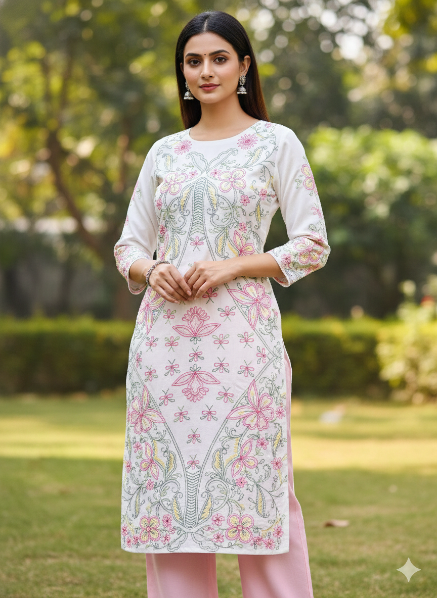 Hand Embroidered Pure Cotton Kurti Material – Pure White | 3 Meter Premium Fabric | Made in India