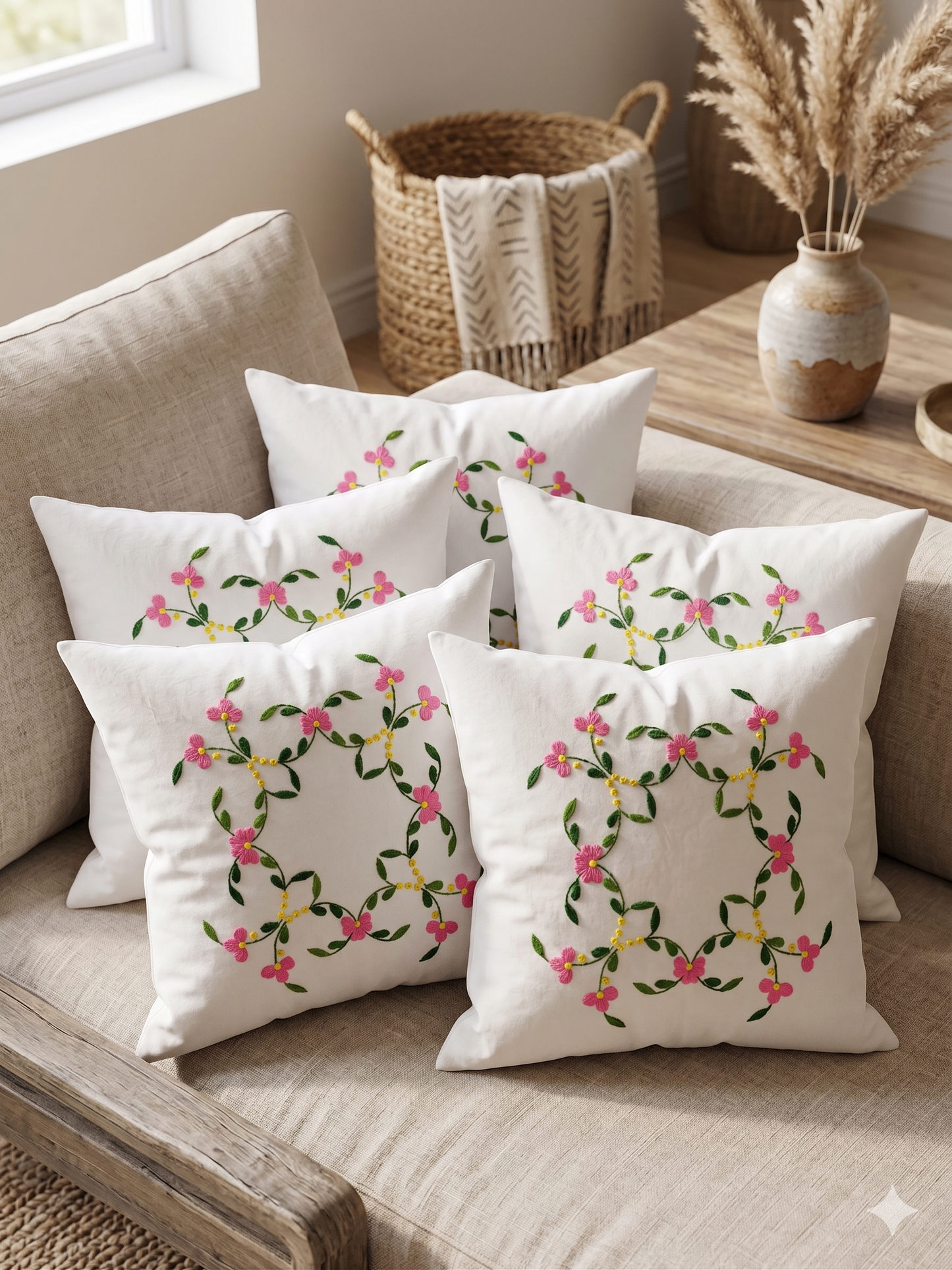 Hand Embroidered Cotton Cushion Covers (Set of 5)