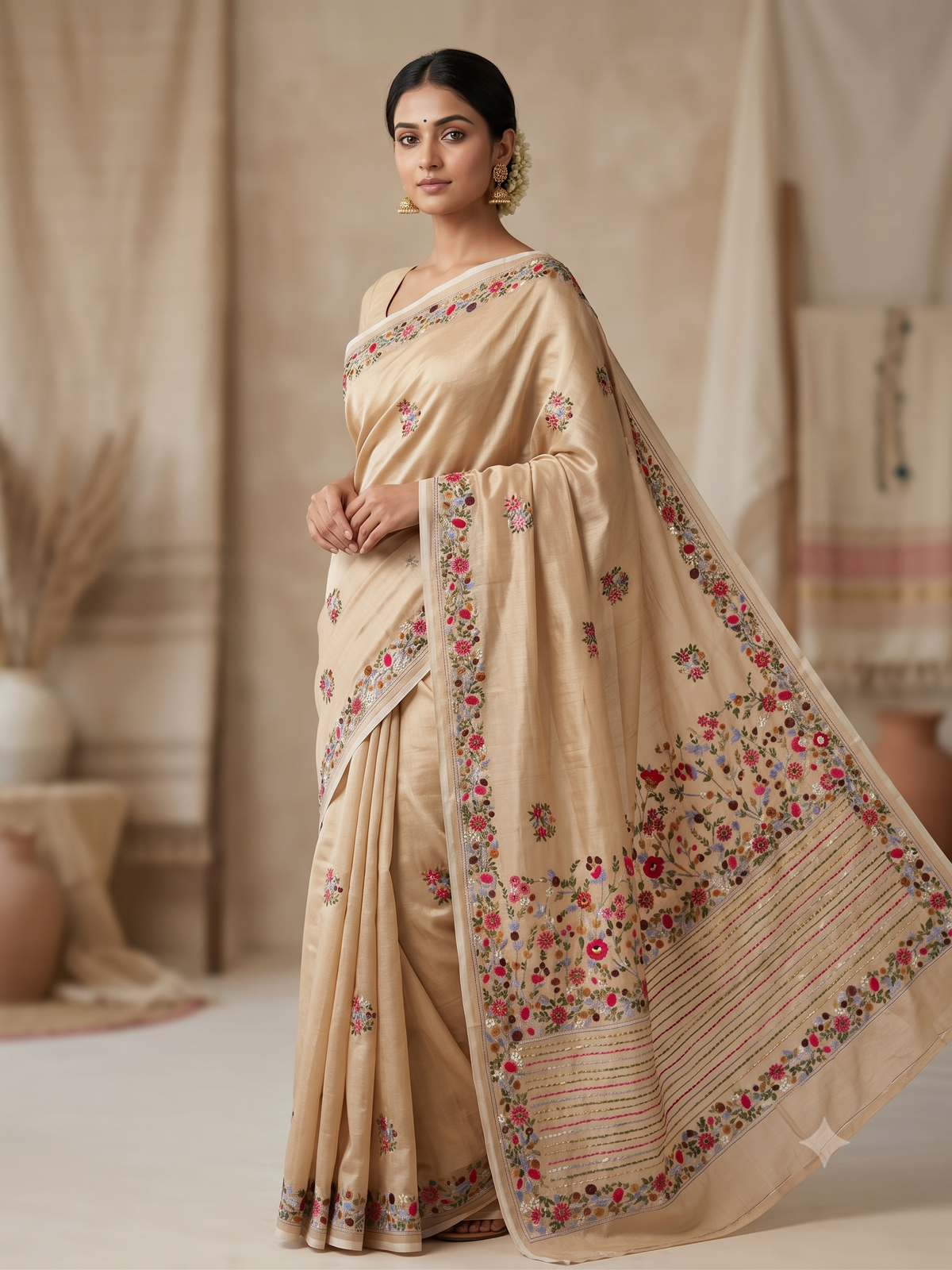 Premium Handcrafted Bullion Stitch Work Chanderi Saree with Blouse Piece