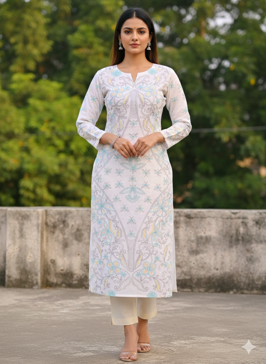 Hand Embroidered Pure Cotton Kurti Material – Pure White | 3 Meter Premium Fabric | Made in India