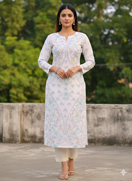 Hand Embroidered Pure Cotton Kurti Material – Pure White | 3 Meter Premium Fabric | Made in India