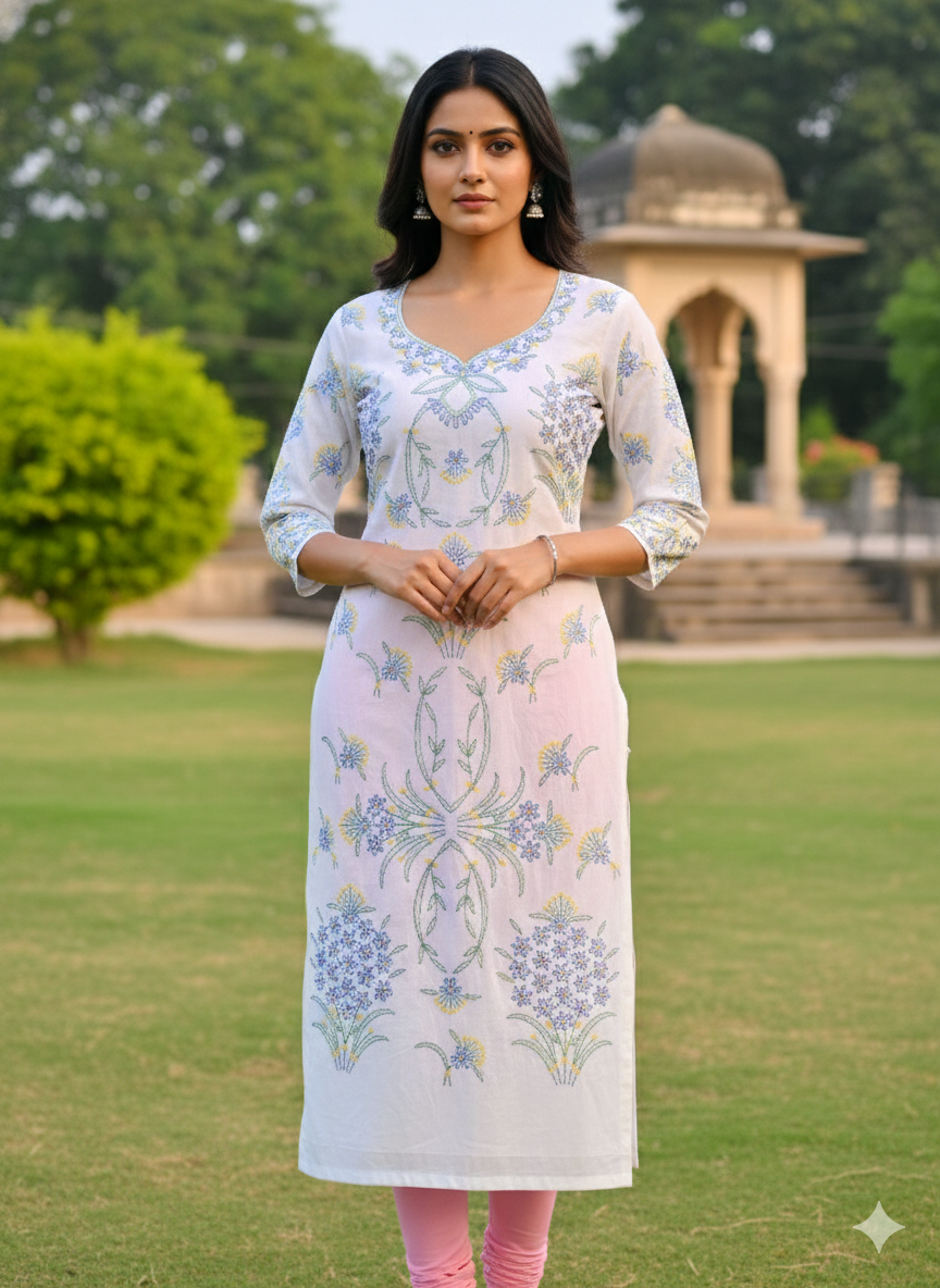 Hand Embroidered Pure Cotton Kurti Material – Pure White | 3 Meter Premium Fabric | Made in India