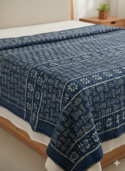 Chikonwala's Handcrafted Indigo Block Print Kantha Quilt - Reversible 100% Cotton Bedspread