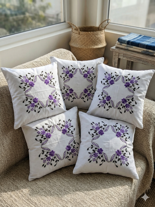 Hand Embroidered Cotton Cushion Covers (Set of 5)