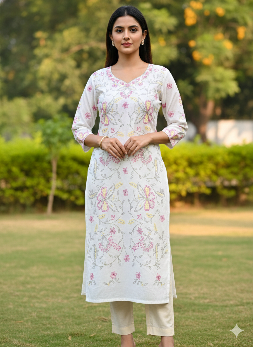 Hand Embroidered Pure Cotton Kurti Material – Pure White | 3 Meter Premium Fabric | Made in India