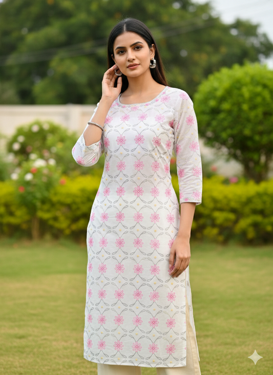 Hand Embroidered Pure Cotton Kurti Material – Pure White | 3 Meter Premium Fabric | Made in India