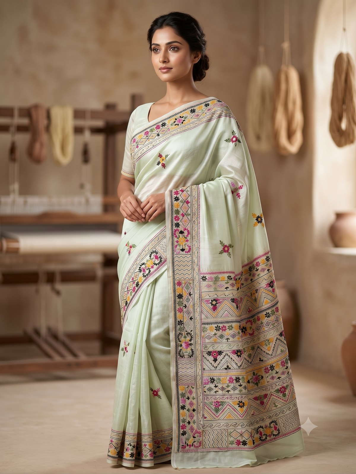 Premium Handcrafted Bullion Stitch Work Chanderi Saree with Blouse Piece