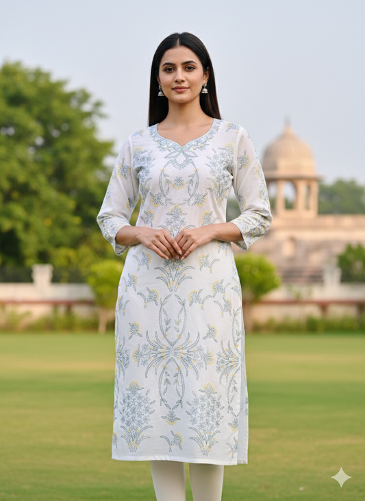 Hand Embroidered Pure Cotton Kurti Material – Pure White | 3 Meter Premium Fabric | Made in India