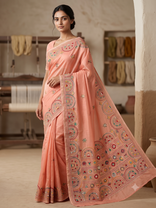 Premium Handcrafted Bullion Stitch Work Chanderi Saree with Blouse Piece