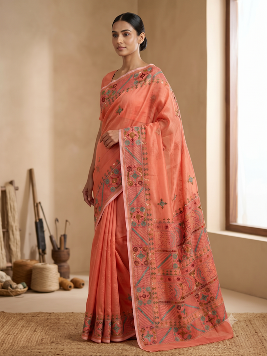 Premium Handcrafted Bullion Stitch Work Chanderi Saree with Blouse Piece