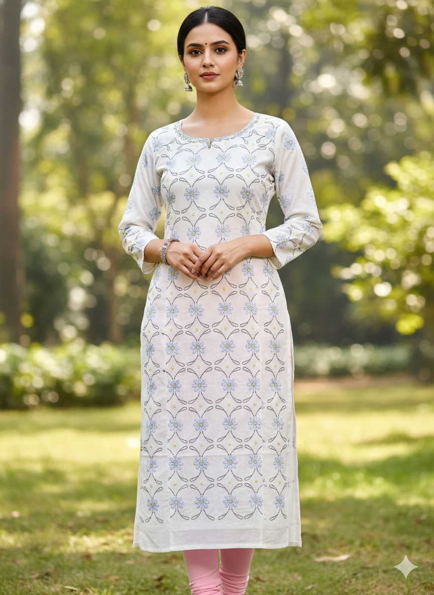 Hand Embroidered Pure Cotton Kurti Material – Pure White | 3 Meter Premium Fabric | Made in India