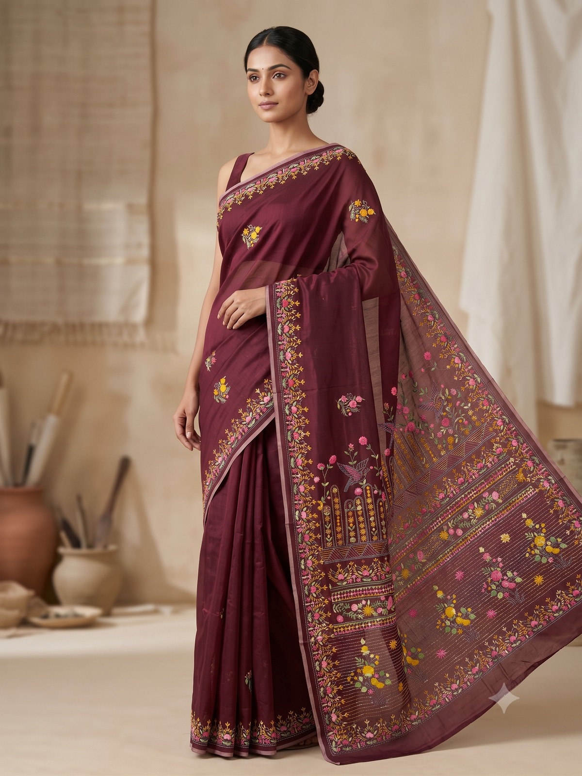 Premium Handcrafted Bullion Stitch Work Chanderi Saree with Blouse Piece