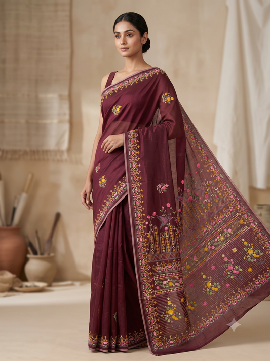 Premium Handcrafted Bullion Stitch Work Chanderi Saree with Blouse Piece